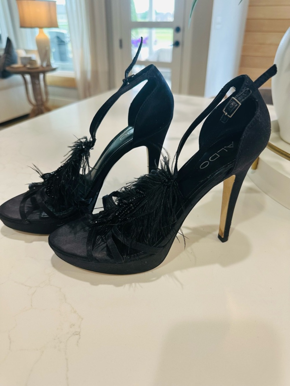 Aldo Black Feather T-Strap Stiletto Heels